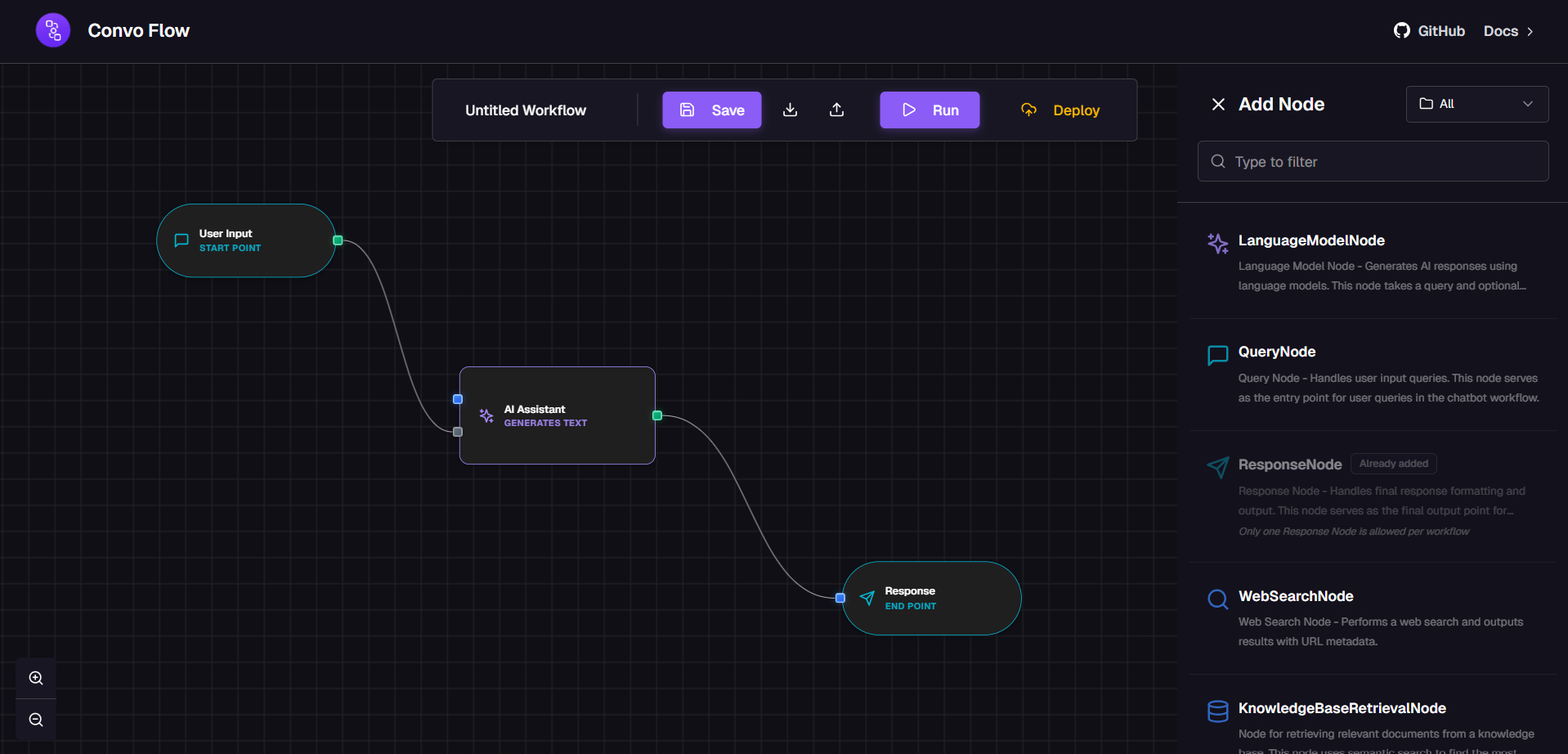 Basic workflow with sidebar showing node connections